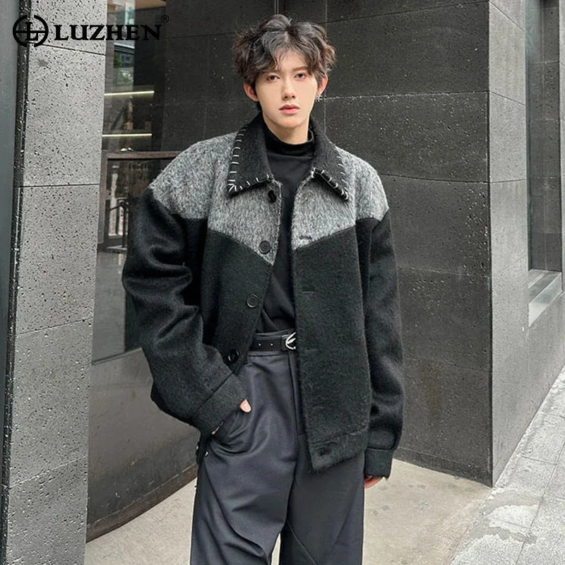 

LUZHEN 2025 Autumn New Original Color Contrast Splicing Design Woolen Coat Men's Fashion Elegant Handsome Casual Jacket JY4035