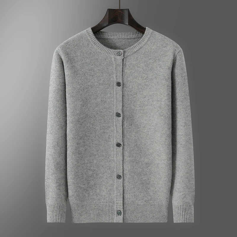 Men O-neck Cardigan Wool Sweater Buttons Autumn Winter Simple Business Style 100% Merino Wool Knitwear Classic Cashmere Clothing