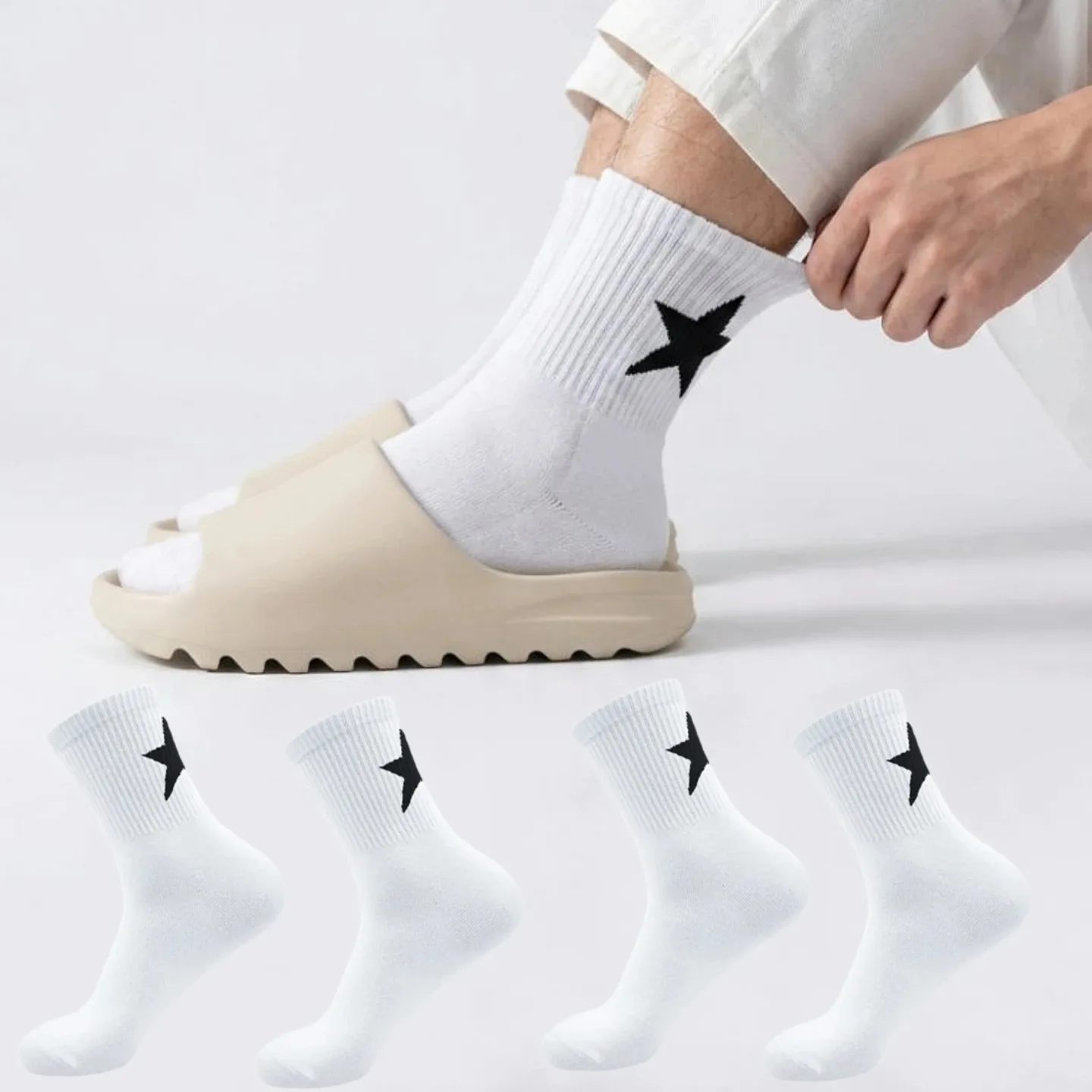 Retro star embroidery vertical pattern mid tube socks for couples, black and white color anti slip, non shedding tube
