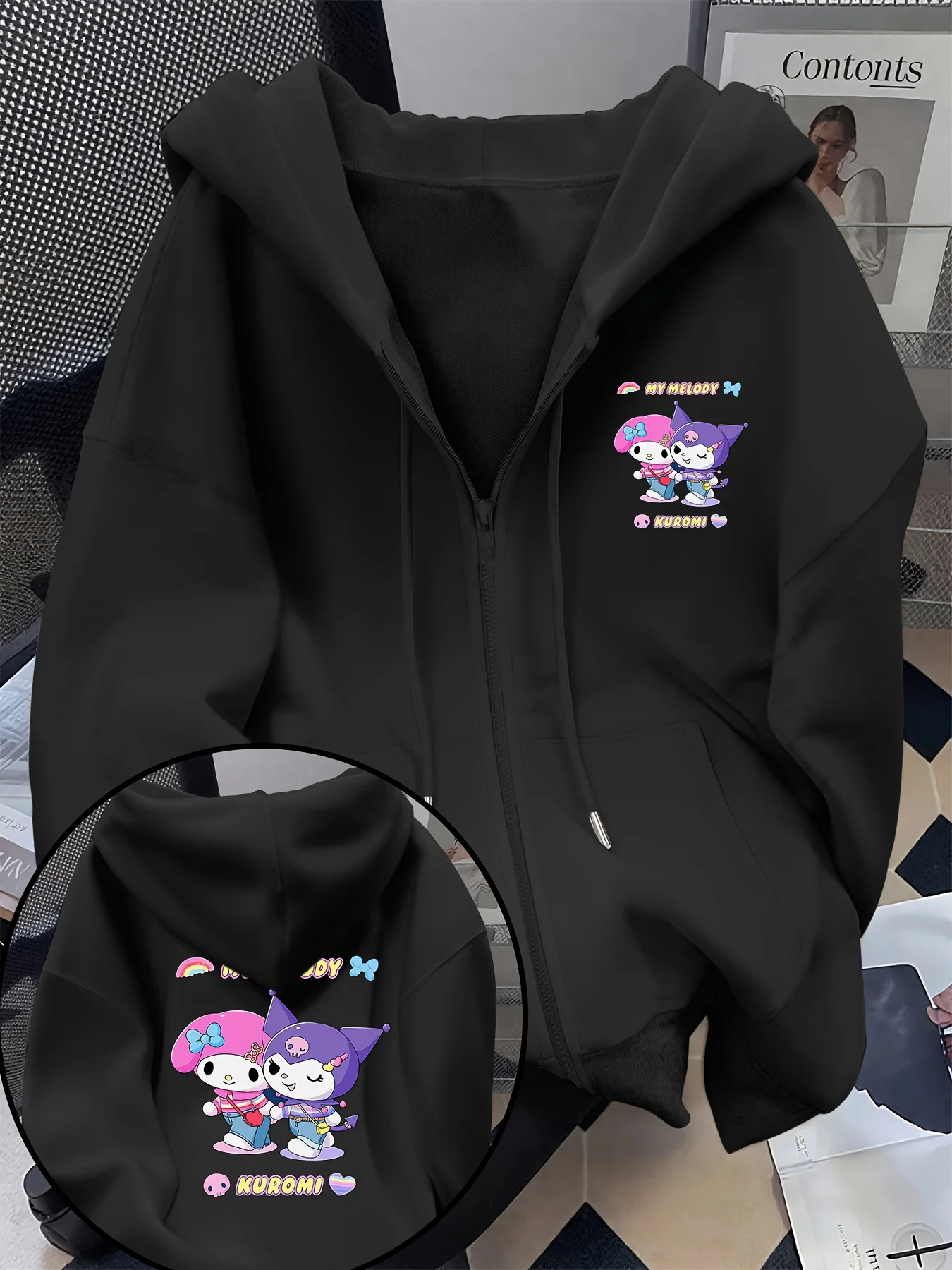 Ladies' Hello Kitty and Kuromi hooded sweatshirt with Hello and Kuromi print, soft pullover, machine washable winter sweater