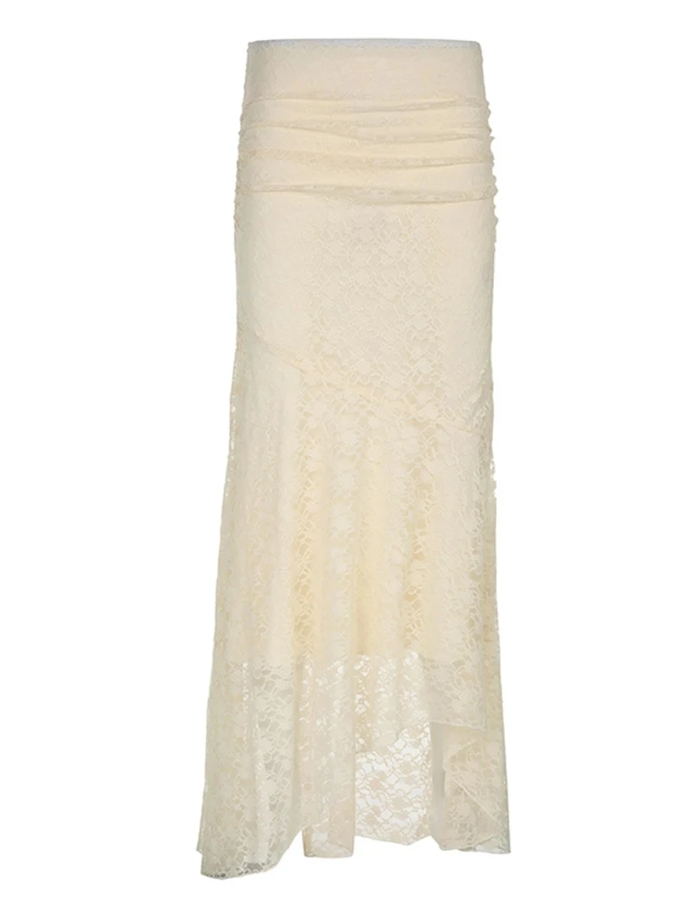 플로럴 레이스 투피스 세트 섹시 시스루 하이웨이스트 스커트 & 탑 우아한 패치워크 롱 스커트 여성 감성 의상 패션