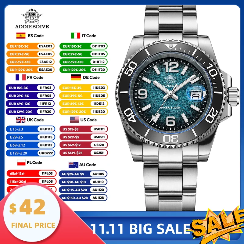 

ADDIESDIVE Luxury Men's Quartz Watch 41mm Mineral Cryst Super Luminous 200M Waterproof Wristwatch Retro Men Analog Watch AD2513