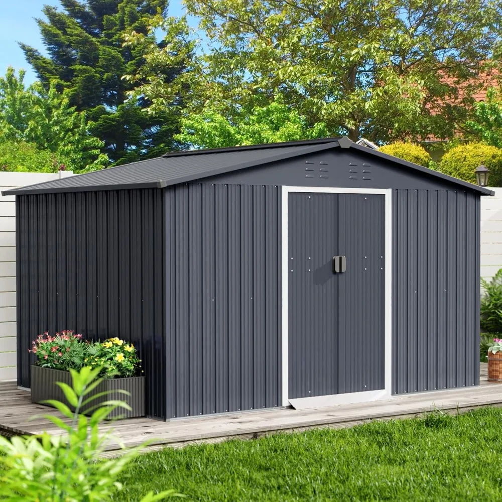 10x10FT outdoor steel practical storage shed with sloping roof and lockable doors, backyard garden terrace lawn outdoor shed