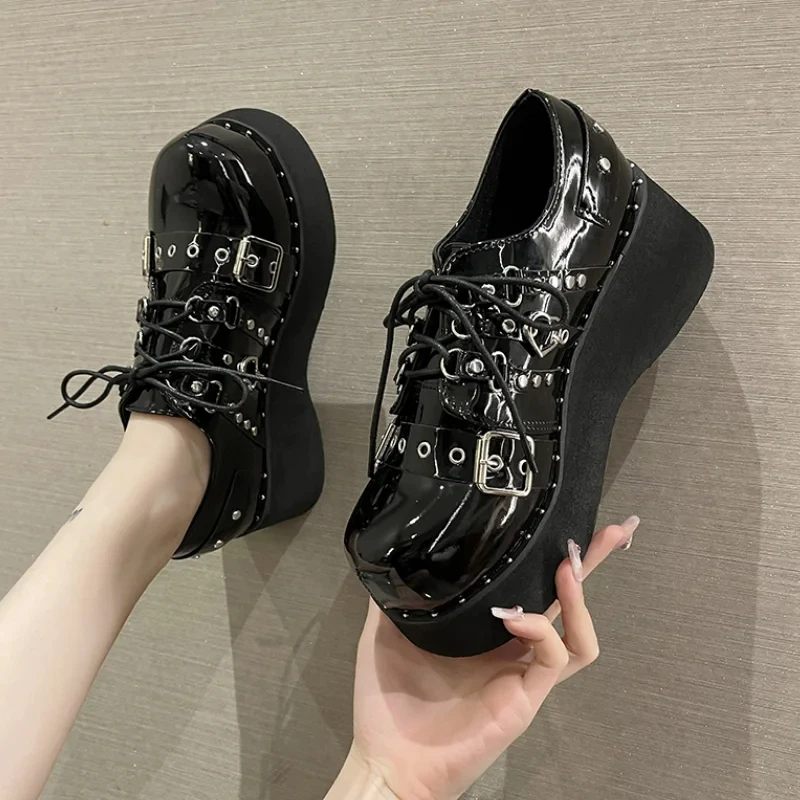 2024 New Rivet Chunky Platform Mary Janes Women Lace-Up Buckle Thick Bottom Flats Woman Japanese Style Punk Gothic Shoes Girls