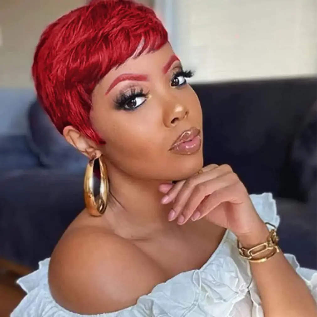 شعر مستعار أحمر قصير الطبقات بقص عابث للنساء ذوات البشرة السمراء، شعر بشري ريمي مستقيم مصنوع آليًا مع غرة للاستخدام اليومي