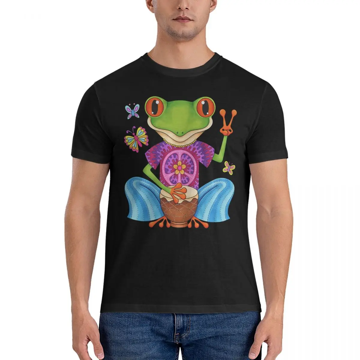 Men T-Shirt Peace Frog - Colorful Hippie Frog Art By Thaneeya Mcardle Cool 100% Cotton Tees Short Sleeve Frog T Shirts