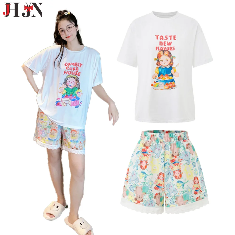 

JHJN Two Piece Home Suit For Women Easy Pure Cotton Pajama Cover Rotation Cartoon Print Lace Shorts Luxury Brand