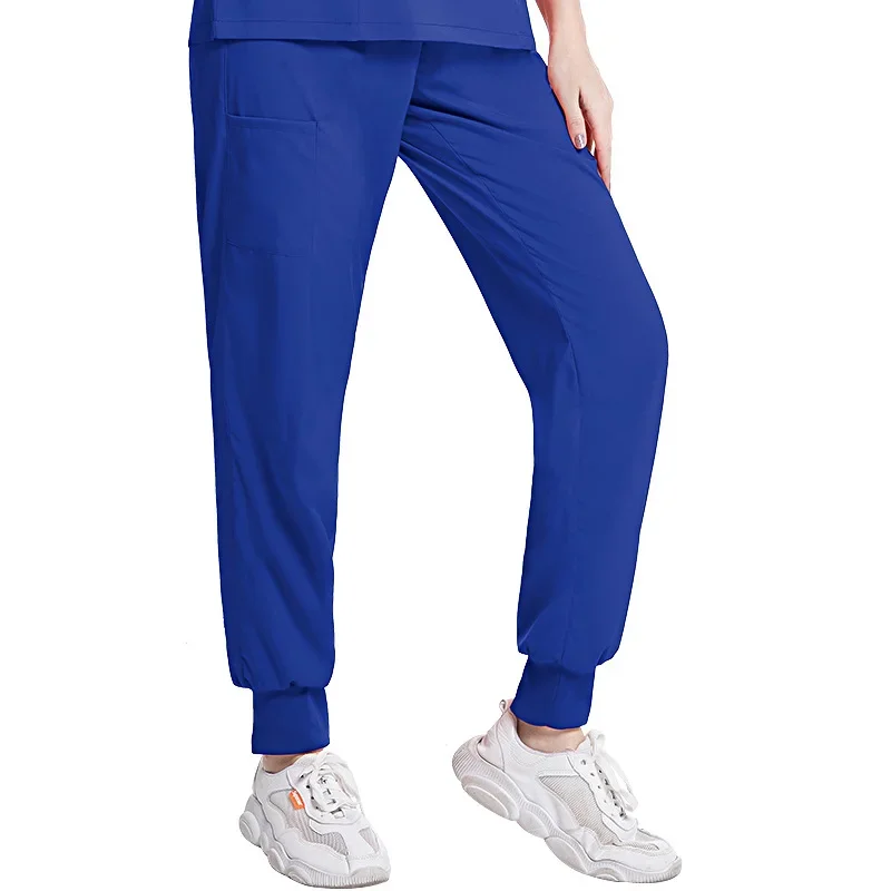 Pantalones de enfermera elásticos para mujer, pantalones de bata quirúrgica de verano, cintura elástica delgada, pantalones de trabajo de médico de secado rápido, color negro, talla grande, azul