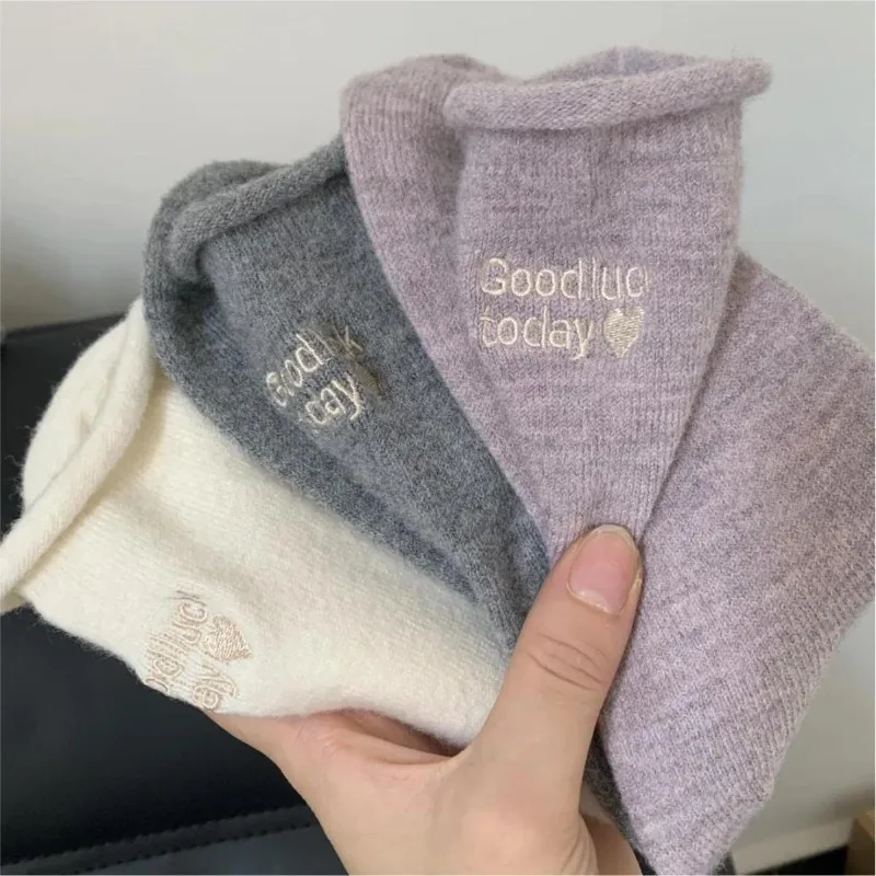

6 Pairs Soft Cotton Women's Thick Autumn Winter Warm Mid-Calf Socks with Embroidered Letters Fluffy Socks Set Girls High Quality