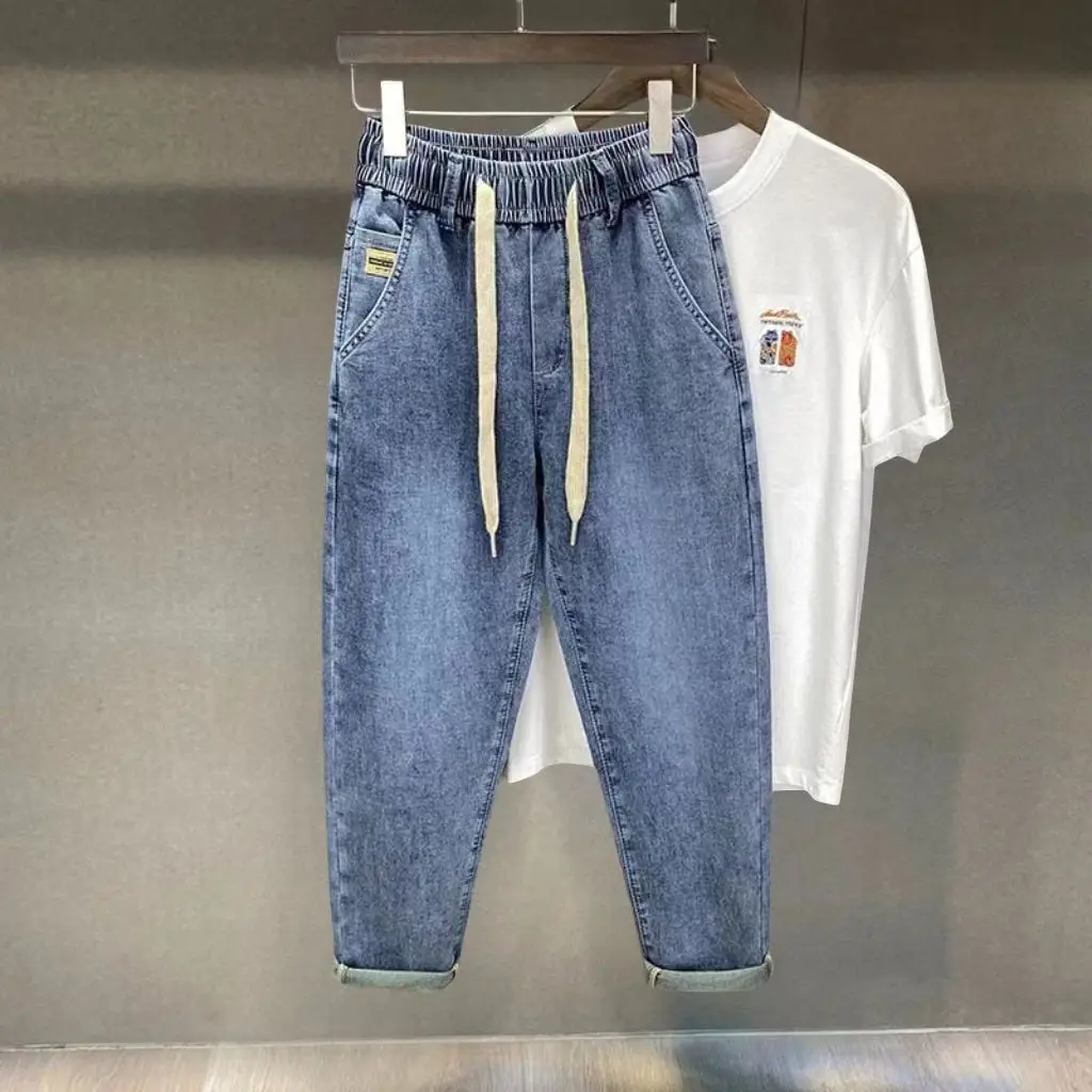 

Casual Loose Elastic Waist Drawstring Men's Jeans Spring Autumn Trendy Brand New High End Workwear Straight Leg Trousers
