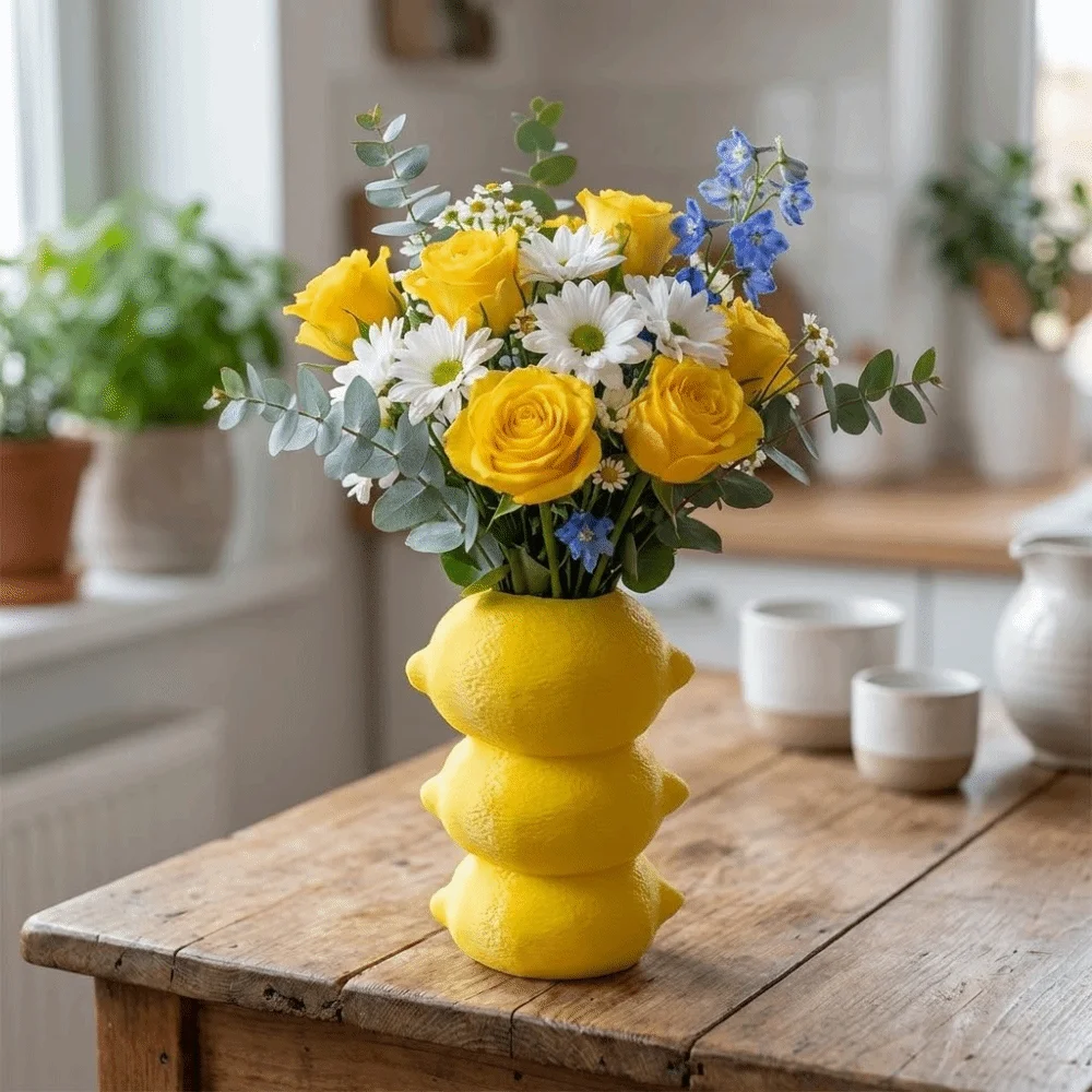 Fashion 3D Printing Lemon Vase Simple Nordic Style Imitation Fruit Vase Decorative Flower Arrangement Container Living Room