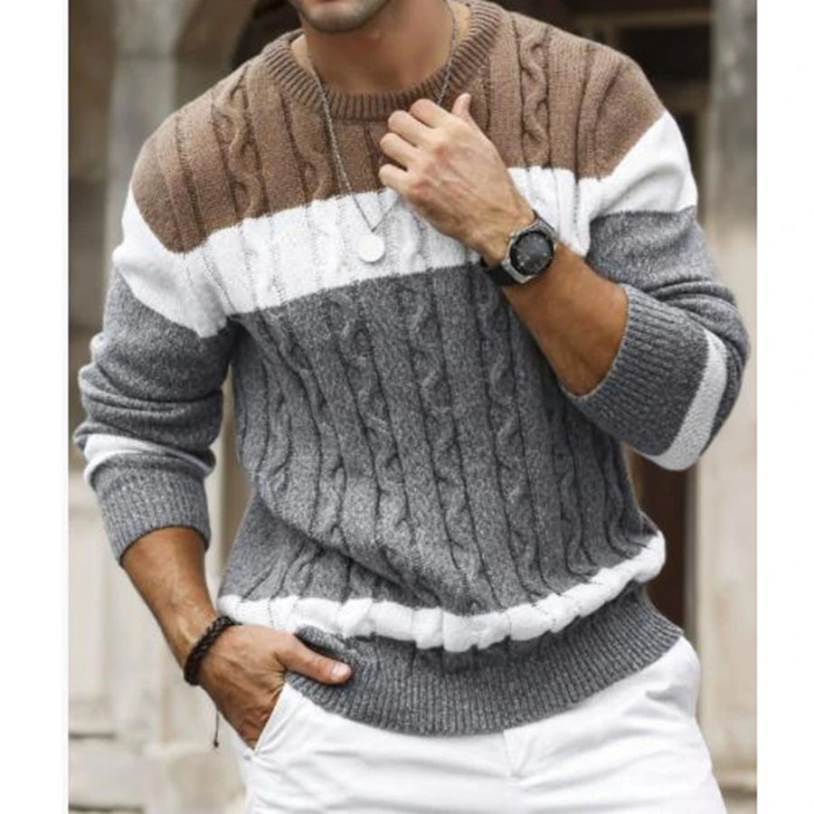 

Men's Knit Sweater Streetwear Long Sleeve Round Neck Contrast Color Pullover Thermal Tops
