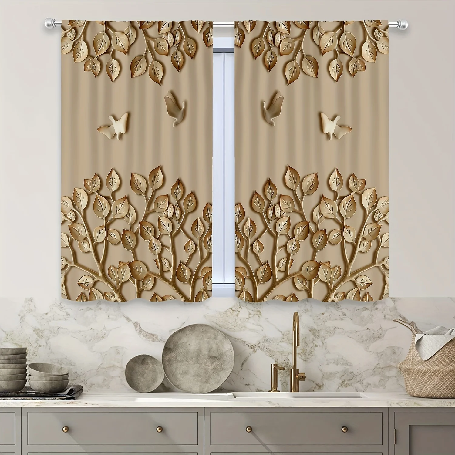 Golden Leaf Curtains 2pcs, HD Digital Art Semi-Transparent Polyester Rod Pocket Machine Washable for Living Room Bedroom