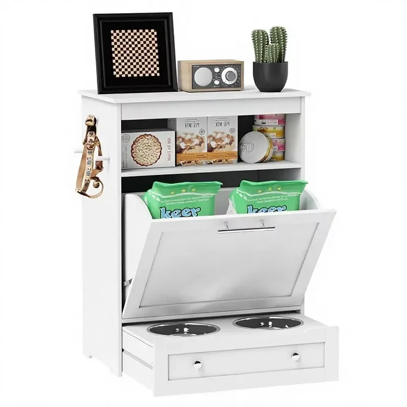 for Dog Feeding Station Raised Bowls with Food Storage Cabinet Hanger Engineered Wood Construction Pet Feeder White