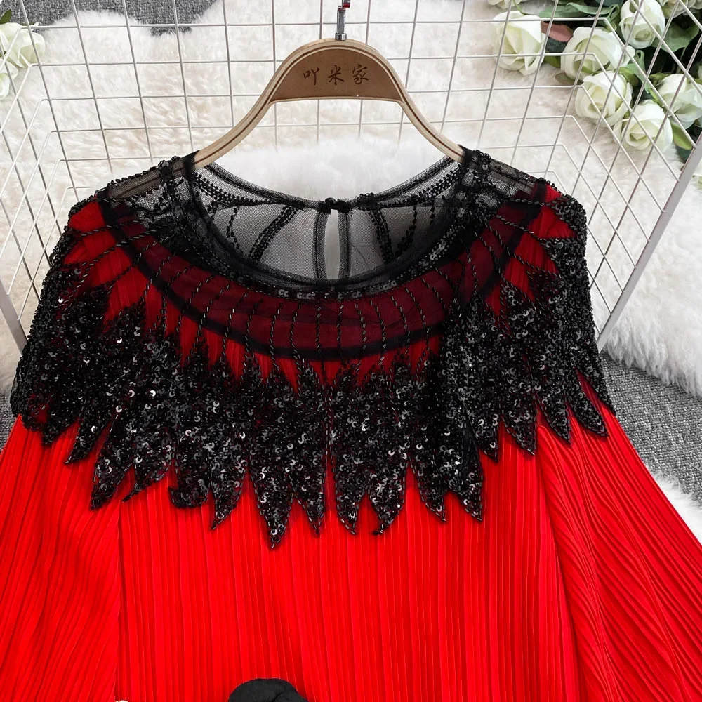 French Retro Rhine Stone Lace Up Lantern Long Sleeve O Neck Dress Chic Fashion Ceremonial A-line Women Dress