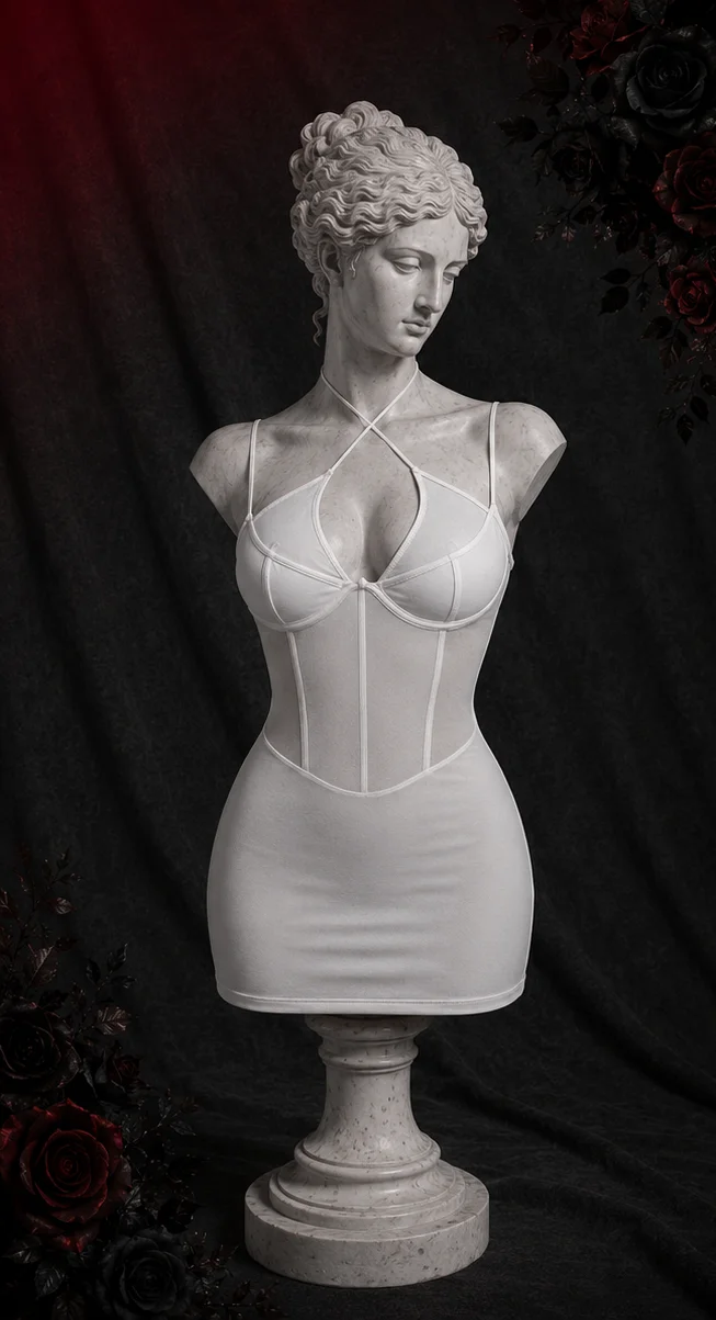 【Fragments.One Choice, No More Choices.】Hot Sweetheart White Backless Bodycon Dress with Ruched Waist & Slim Fit