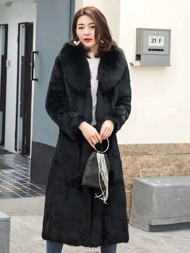 Winter Konijn Echte Bontjas Vrouwen Vossenbont Kraag Lange Jas Natuurlijke Harige Pluizige Pelt Plus Size Mode Luxe Vrouw Kleding