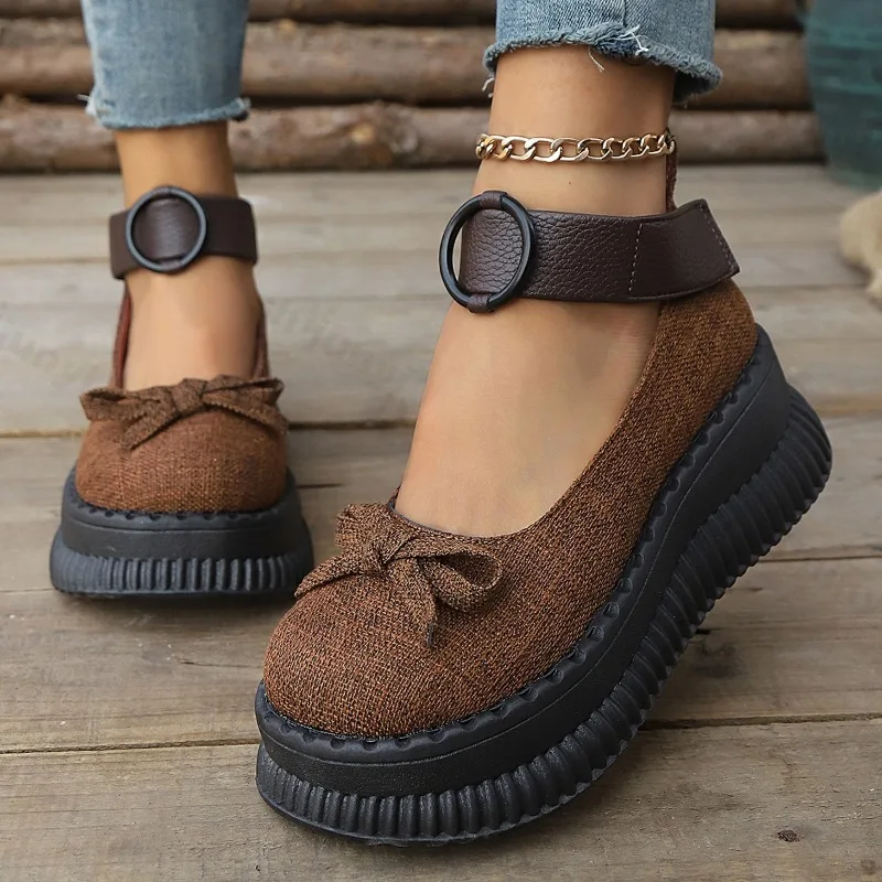 

Туфли на толстой подошве с неглубоким носком, новинка лета 2024, женские лоферы с круглым носком и бантом в стиле ретро, модные массивные туфли-лодочки