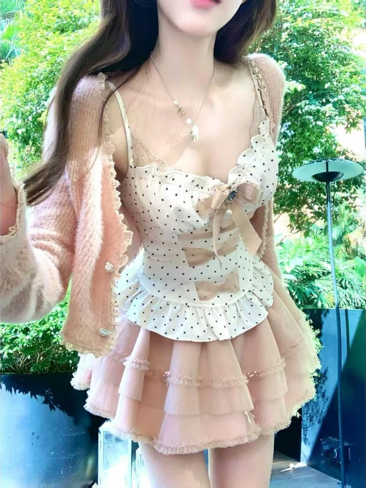 

Japanese Sweet Pure Desire 3 Piece Set Women Slim Cardigan + Lace Vest + Mini Skirt Harajuku New Polka Dot Autumn Outfits 2025