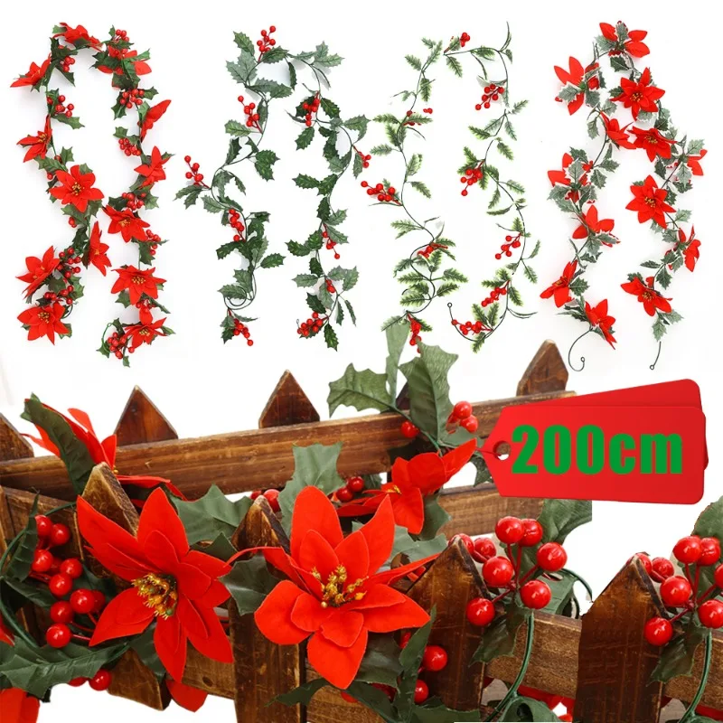 

Flower Fruit Simulated Rattan Artificial Red Berries Soft Vine Green Plant Christmas Decoration Party Xmas Tree Hanging Ornament