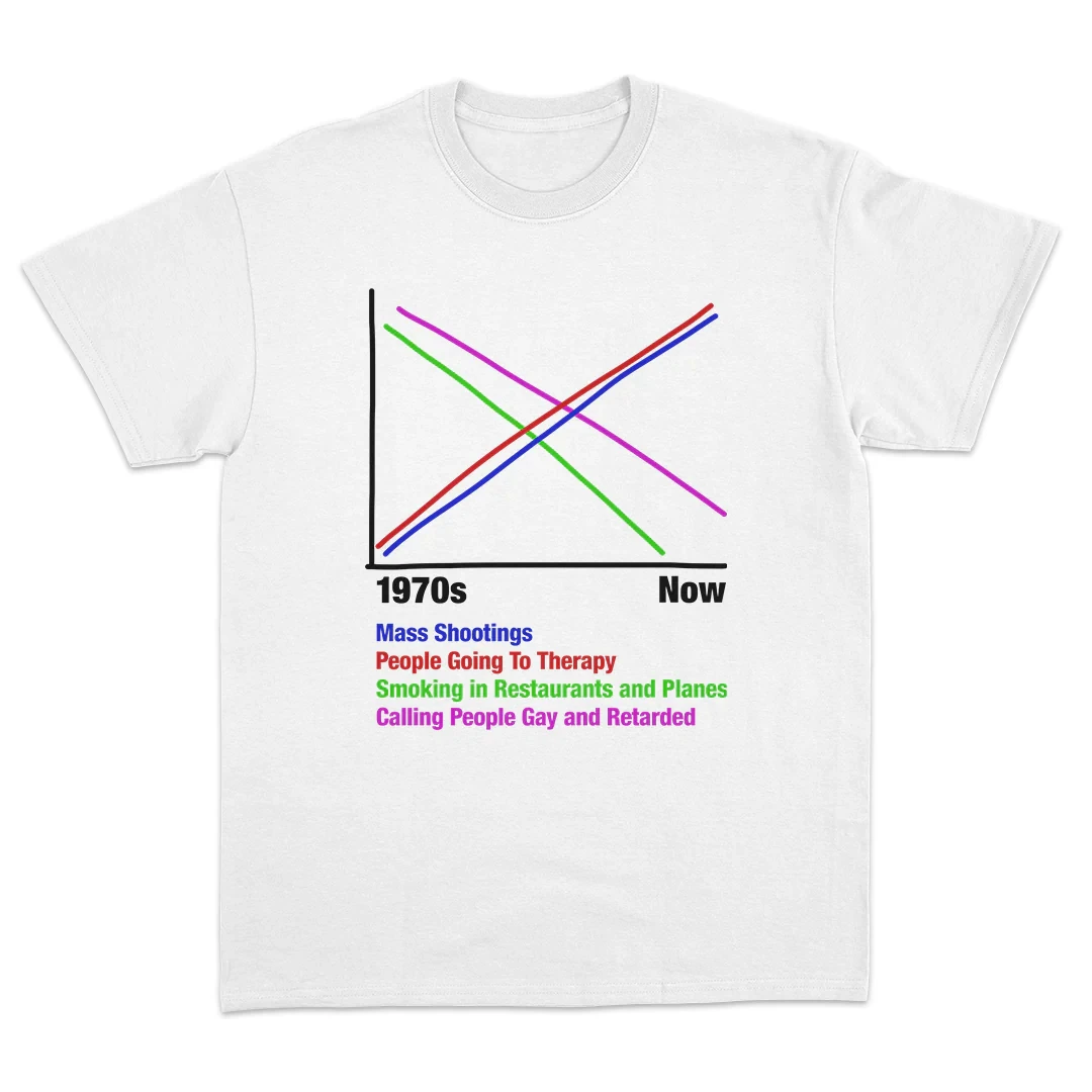 “Funny Graph T - Shirt 1970s Vs Now Mass Shootings Therapy Smoking Gay Retarded Humor Streetwear Short Sleeve Tee