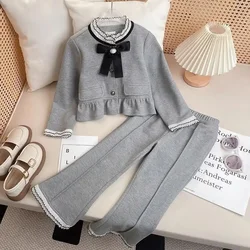 Children's Clothing Sets Bowknot Lace Single-breasted Jacket +Bell-bottoms 2pcs Girls Clothes Set 4 To 11 Years Baby Girl Outfit