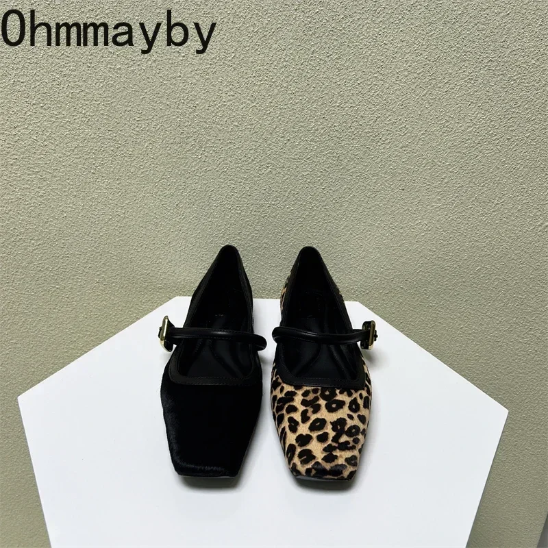 Designer Spring Autumn Women Leopard Shoes Fashion Shallow Buckle Ladies Flats Shoes Square Toe Women's Mary Jane Shoes