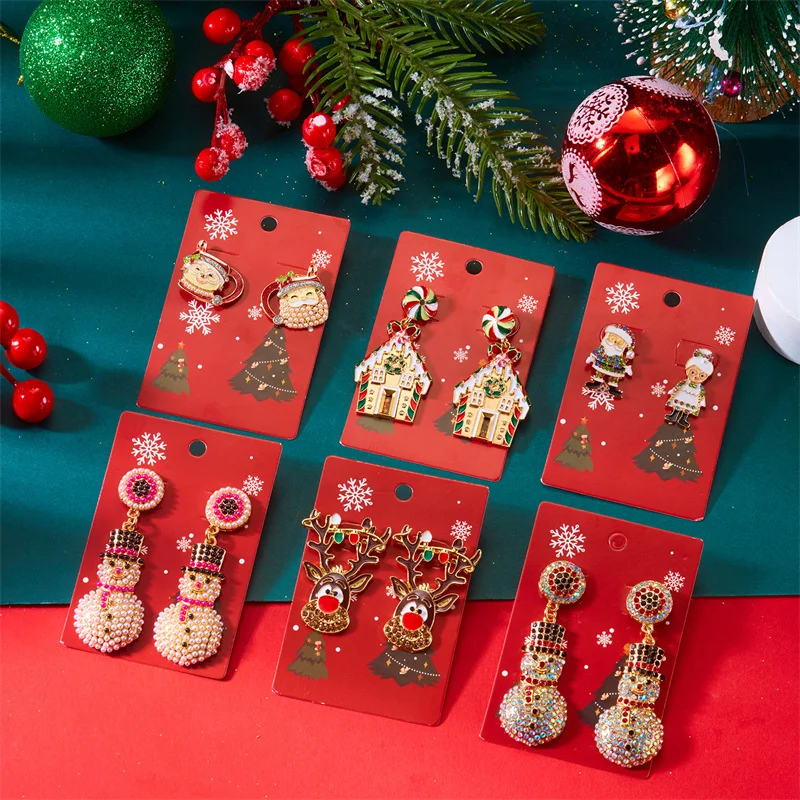 

Christmas Santa Full Zircon Red Green Bell Candy House Snowman Earrings Festive Holiday Dangle Drop Jewelry Gift for Women Girl