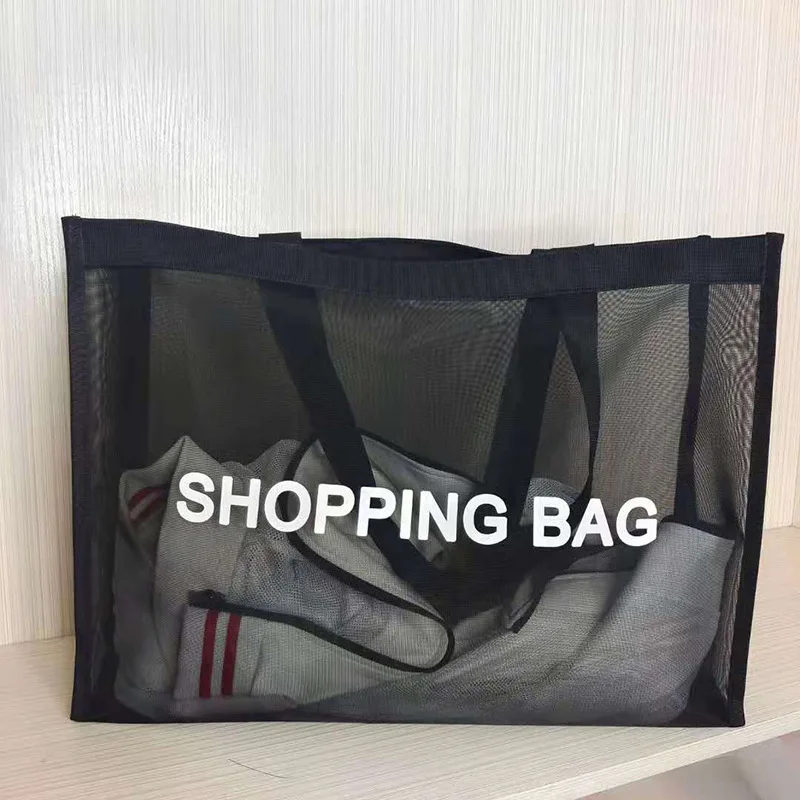 Bolsa de compras de malla de nailon transparente con logotipo personalizado, bolso de mano de un hombro, gran capacidad, transpirable, playa, viaje