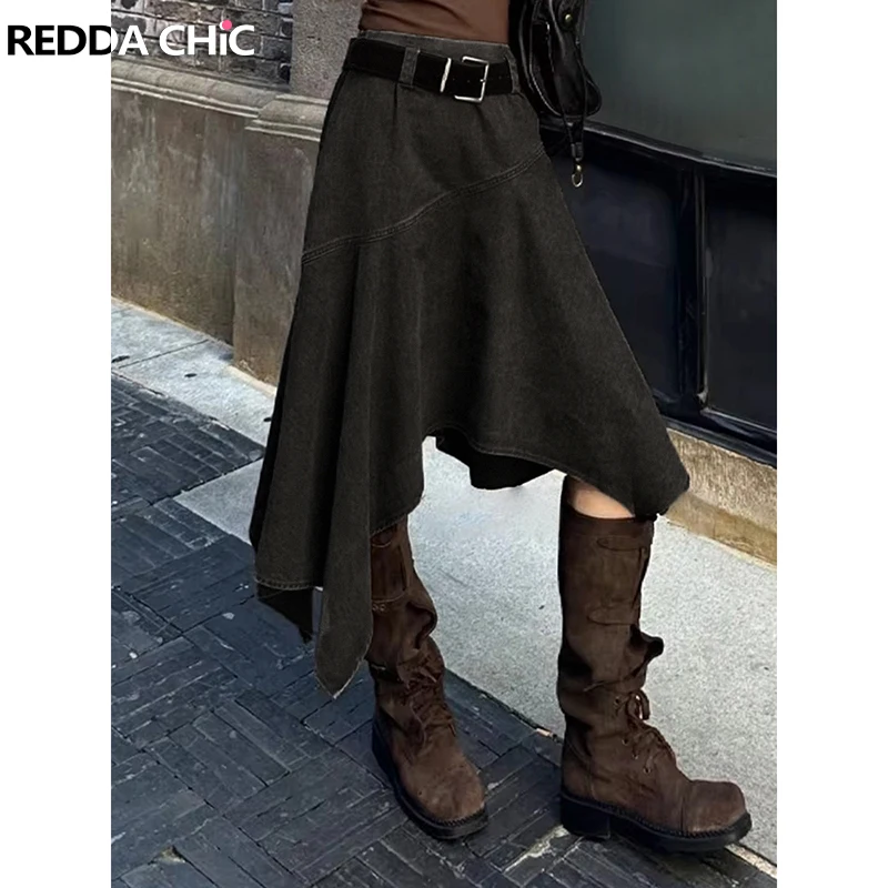 

ReddaChic женская джинсовая юбка с асимметричным подолом, винтажная лоскутная клетчатая юбка с рюшами, повседневная джинсовая длинная юбка трапециевидной формы, уличная одежда в стиле пастушки