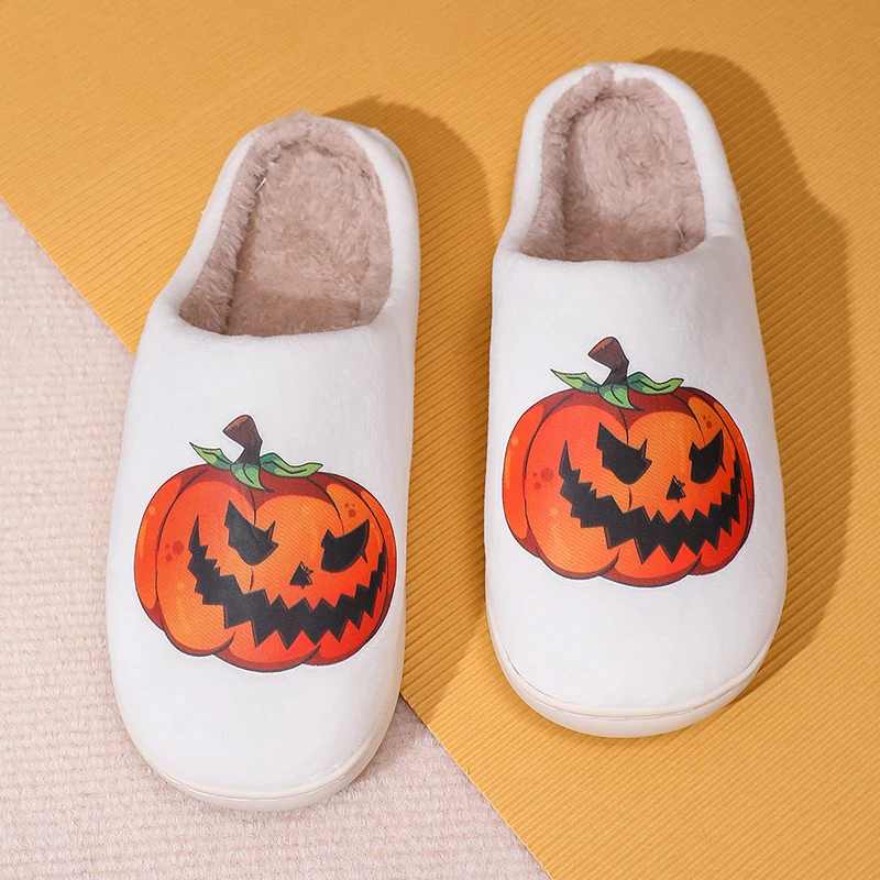 Cheap White Winter Slippers Men Pumpkin Printed Casual Cotton Shoes Men Anti-slip Indoor Slippers Women Fluffy Household Shoes