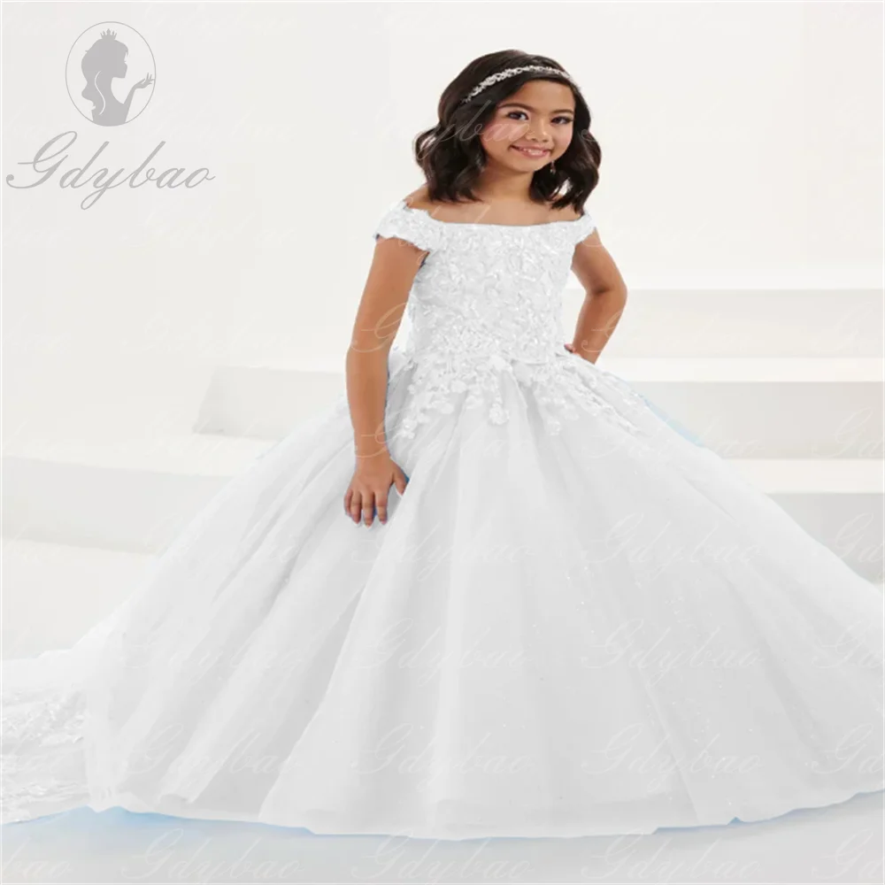 Vestidos rosas elegantes para desfile de belleza para niña, vestidos de flores para boda, encaje, tul, lentejuelas, cuello plano hinchado, baile de comunión elegante para niños