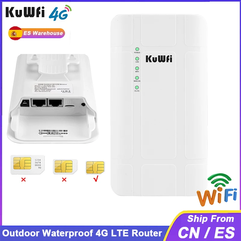 KuWFi 4G Outdoor Router CAT4 4G LTE Router 2.4G Wireless Wifi Router Support 24V POE Switch with RJ45 WAN LAN Port for IP Camera