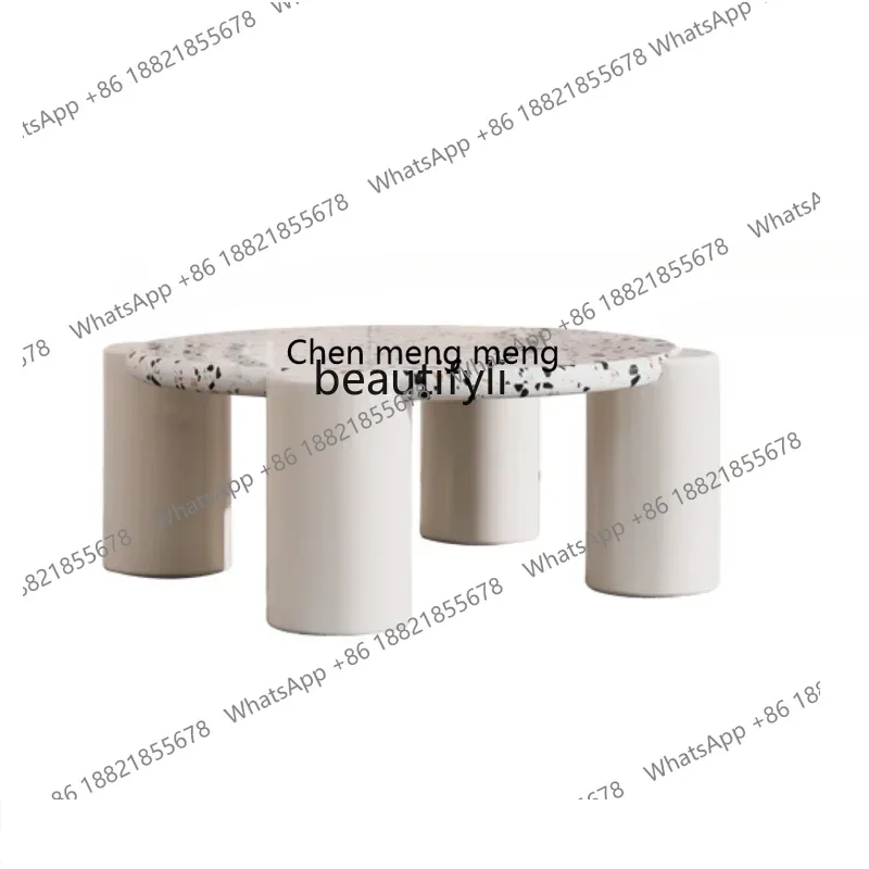 

cc182R French Cream Style Tea Table Combination round Home Living Room Small Apartment Terrazzo Solid Wood Tea Table living room