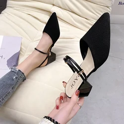 Women Mules Shoes 2024 Summer New Pointed Toe Chunky Heels Ladies Slippers Fashion Plus Size Dress Party Mid Heel Shoes Women