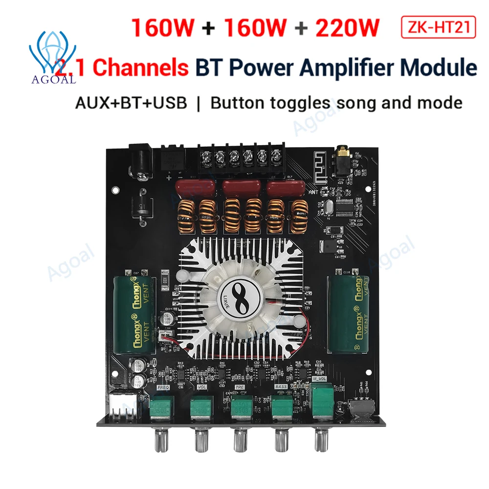 TDA7498E Built-in cooling Fan ZK-HT21 AUX Bluetooth-compatible 5.0 USB Stereo Audio Power Amplifier Board 2.1 Channel