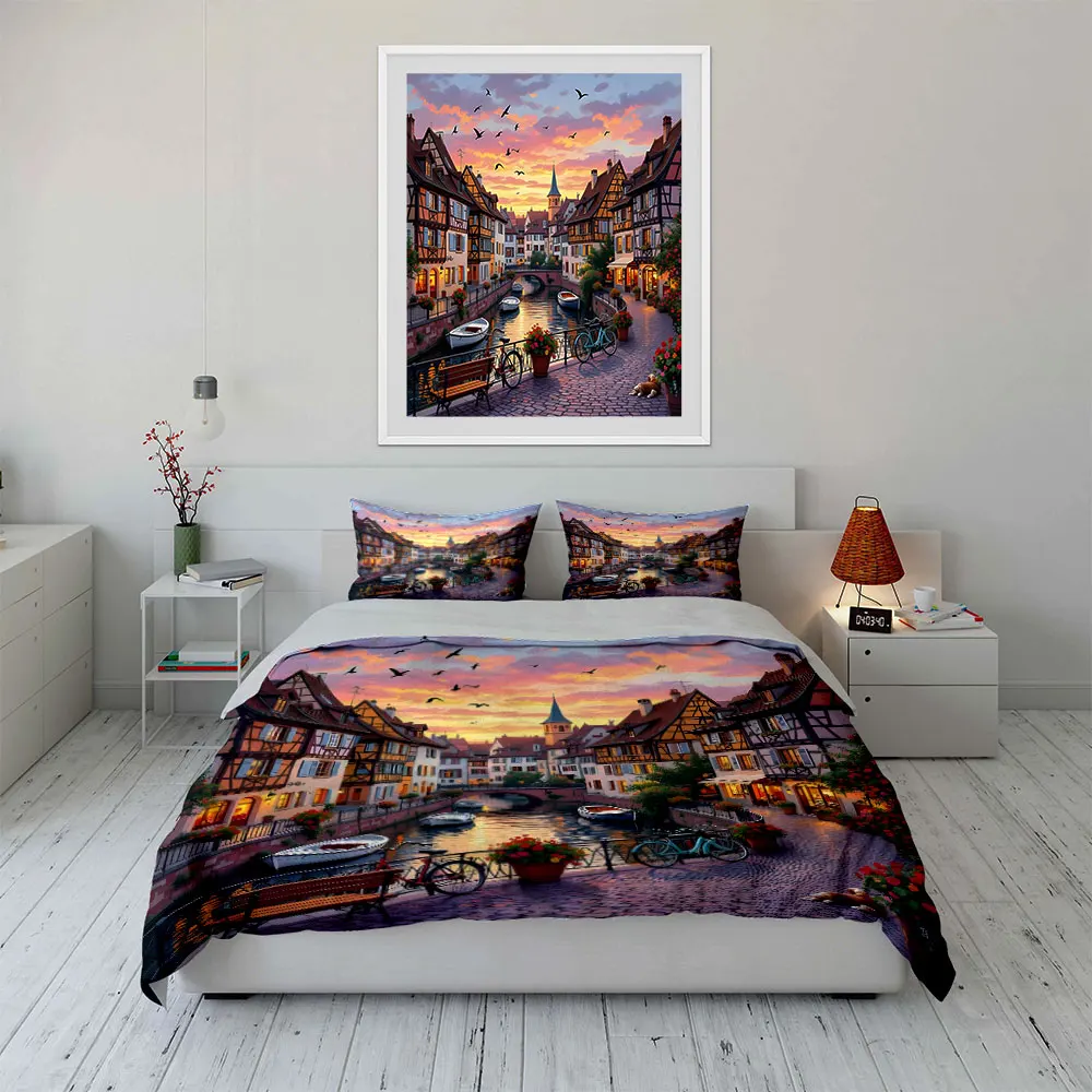 Rainbow Fairy Tale Town Scenery Duvet Cover Set with 3D Printing Design Soft Polyester Bedding Set All-Season Comfort for gifts