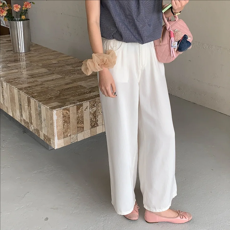

Summer casual white loose high waist denim pants women wide leg jeans