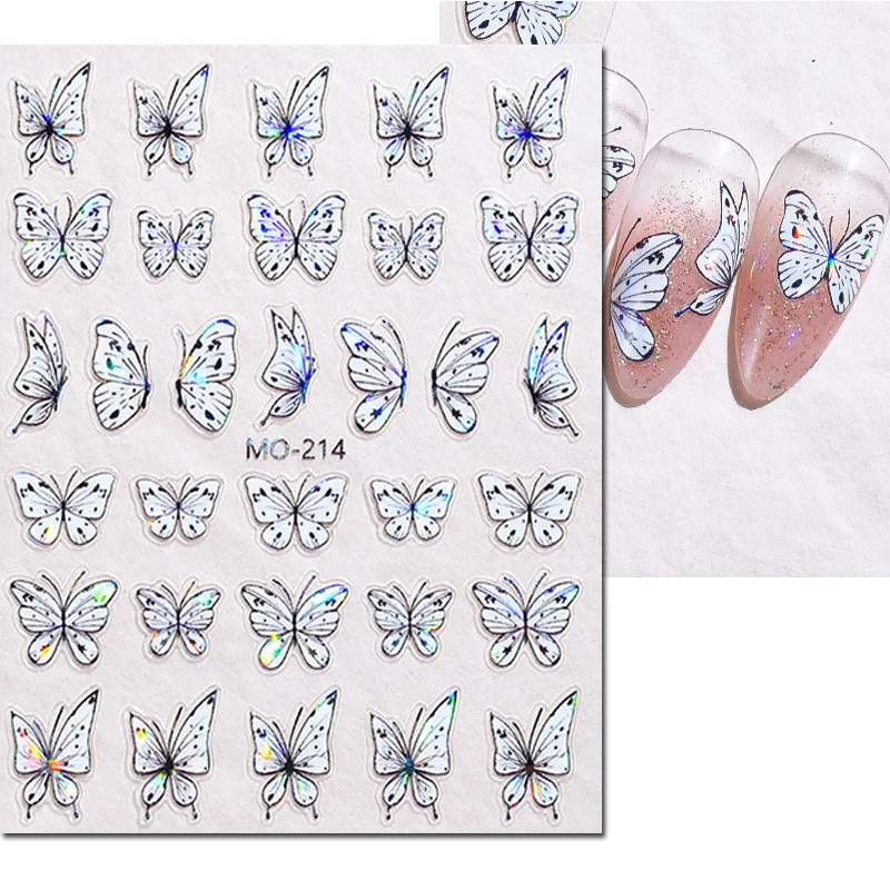 Autocollants pour ongles en relief 5D, papillons blancs au clair de lune, curseur adhésif, décorations pour manucure