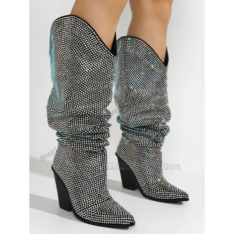 

Colorful Rhinestone Decor Pointed Toe Boots Knee High Women Shoes Chunky High Heels Novel Party Runway 2023 Zapatos Para Mujere