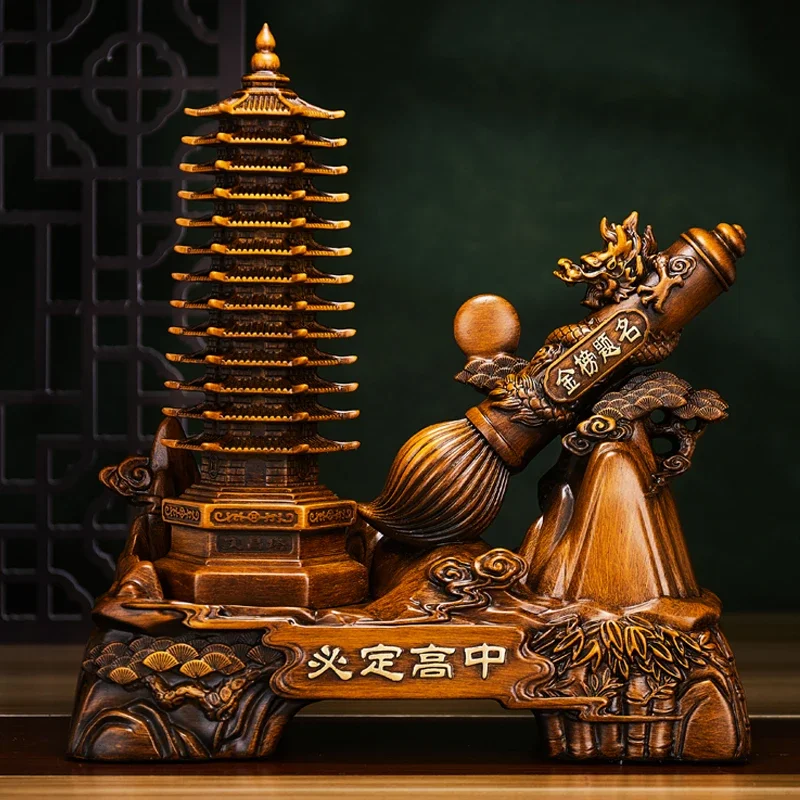 Wenchang Tower pen holder ornament nine-layer handicraft wood grain gift for children, student school book desktop