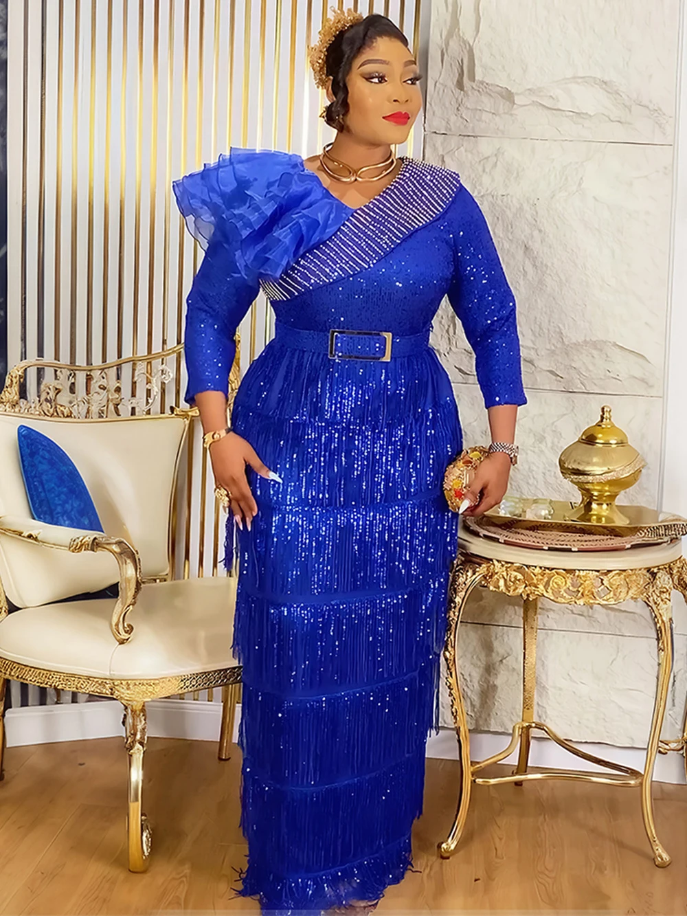 ชุดราตรีงานเลี้ยงหรูหรา ประดับเลื่อม ชุดเดรสยาวสำหรับผู้หญิง งานแต่งงาน งานพรอม ชุดเดรสจีบยาว เสื้อผ้าแอฟริกัน ชุดคาฟทันดูไบ