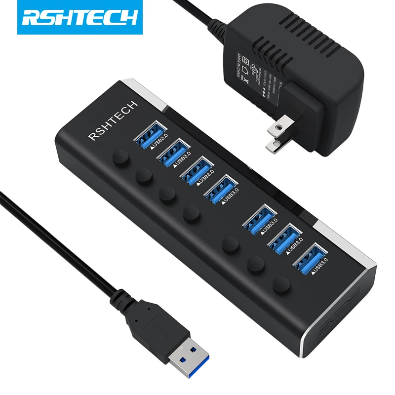 

RSHTECH 7-Port 24W USB 3.0 Hub with Individual Power Switches Includes 12V/2A Power Adapter 5Gbps USB Hub Splitter for MacBook