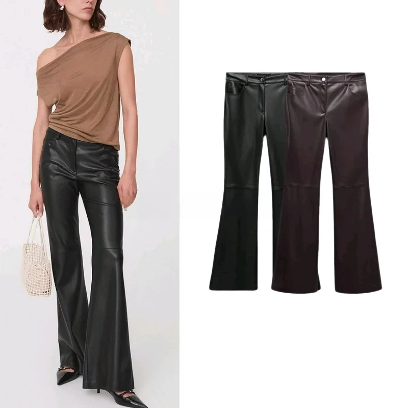 Automne Faion femmes en cuir PU ceinturé évasé jambe allongeant Sexy minceur décontracté en cuir pantalon Long pantalon en Fiber de Polyester
