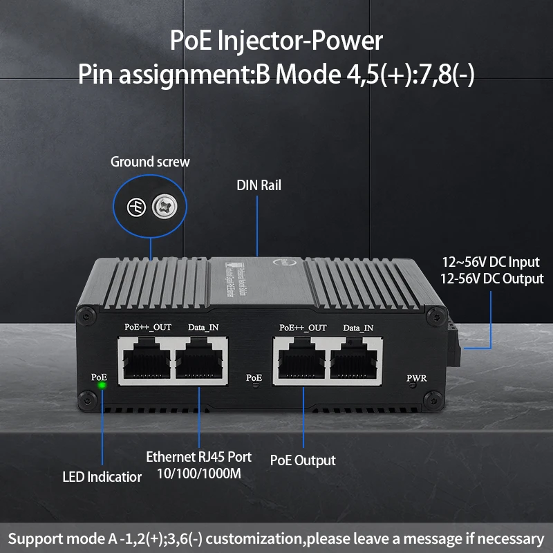 Industrial Gigabit PoE Injector Hardened PoE Adapter with 12-56V DC Input DIN- Rail /Wall Mount