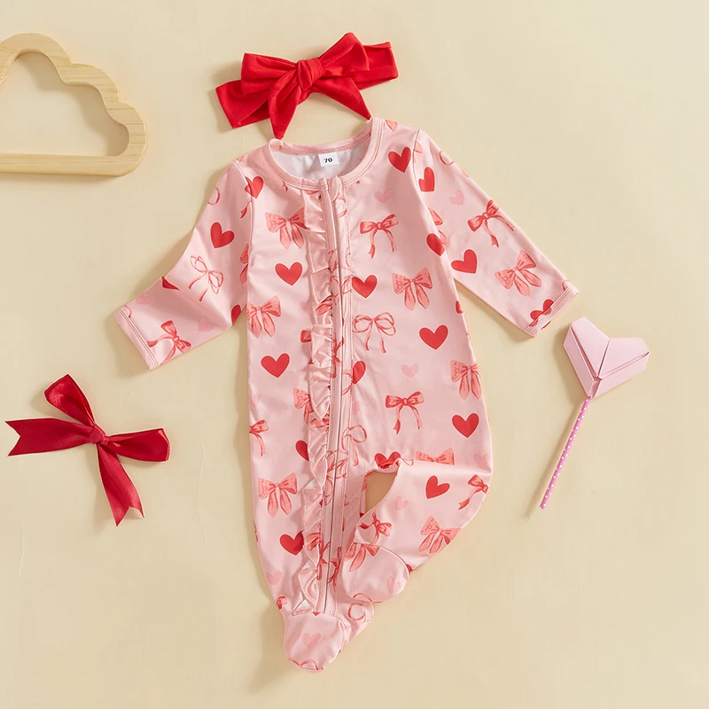 0-18M Baby Girls Valentine’s Day Outfits Long Sleeve Heart Bow Print RuffleZipper Jumpsuit with Headband Set Newborn Clothes