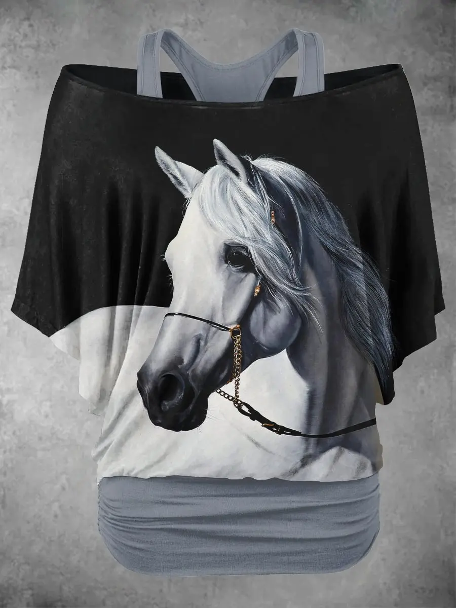 

Женская повседневная футболка PLstar Cosmos с 3D-принтом в этническом стиле с изображением лошади, имитация двухслойного топа, уличный стиль Харадзюку-4