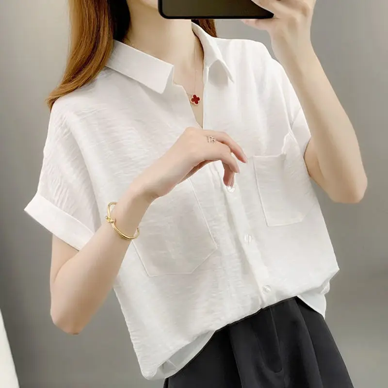 Female Clothing Commute Solid Color All-match Shirt Casual Single-breasted Summer Fashion Pockets Patchwork Polo-Neck Blouse New