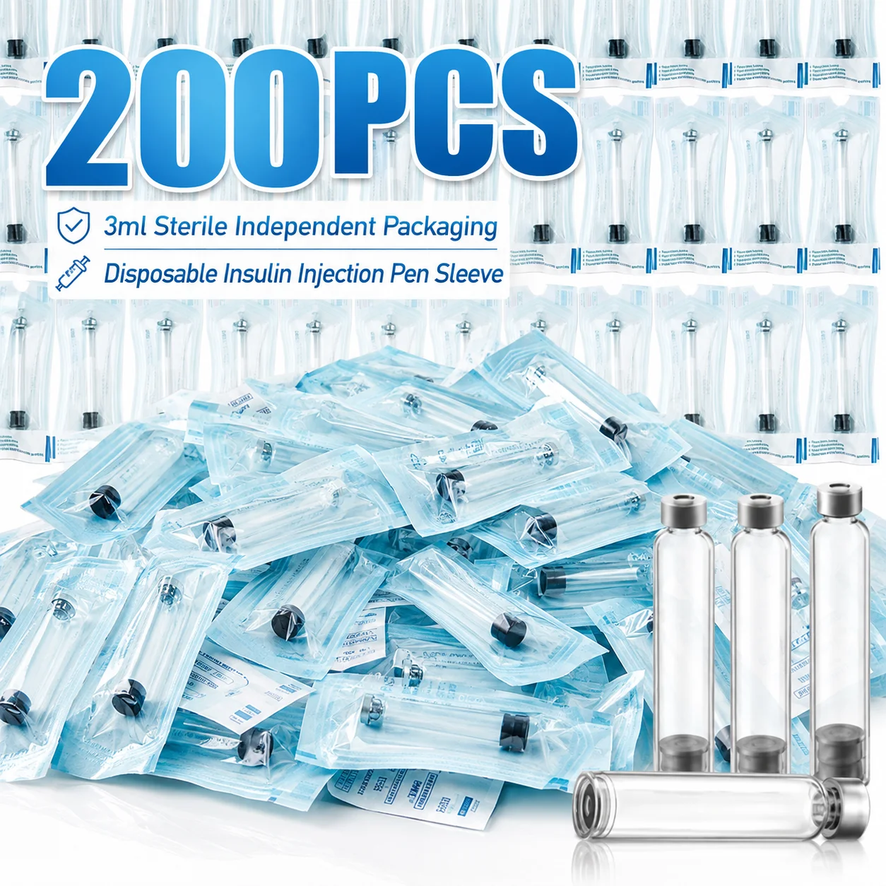 100/200PCS 3ml Sterile Insulin Cartridge Bottle Individual Packaging Cassette Vial Container Replacement Bottle