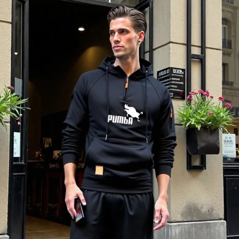 

Men's long-sleeved sport hoodie with zipper strings and multiple pockets, large-sized pullover for autumn and winter 2025